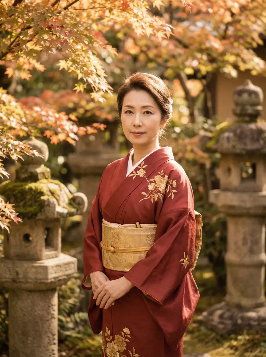一位身穿暗红色和服的优雅 素人人妻 在日式庭院中